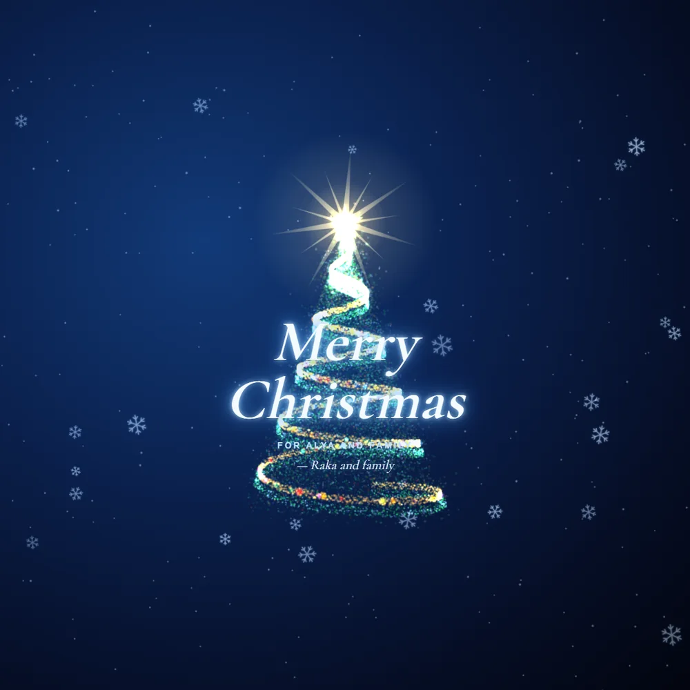 A ribbon of light spirals up into a glowing Christmas tree, crowned by a star, and writes your greeting.