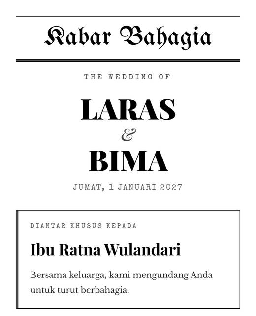 The Kabar Bahagia invitation cover, addressed to Ibu Ratna Wulandari